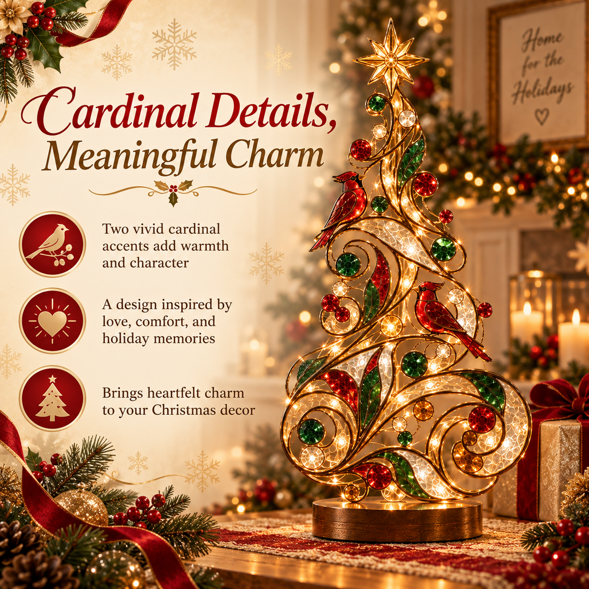 Red cardinal details on illuminated Christmas tree