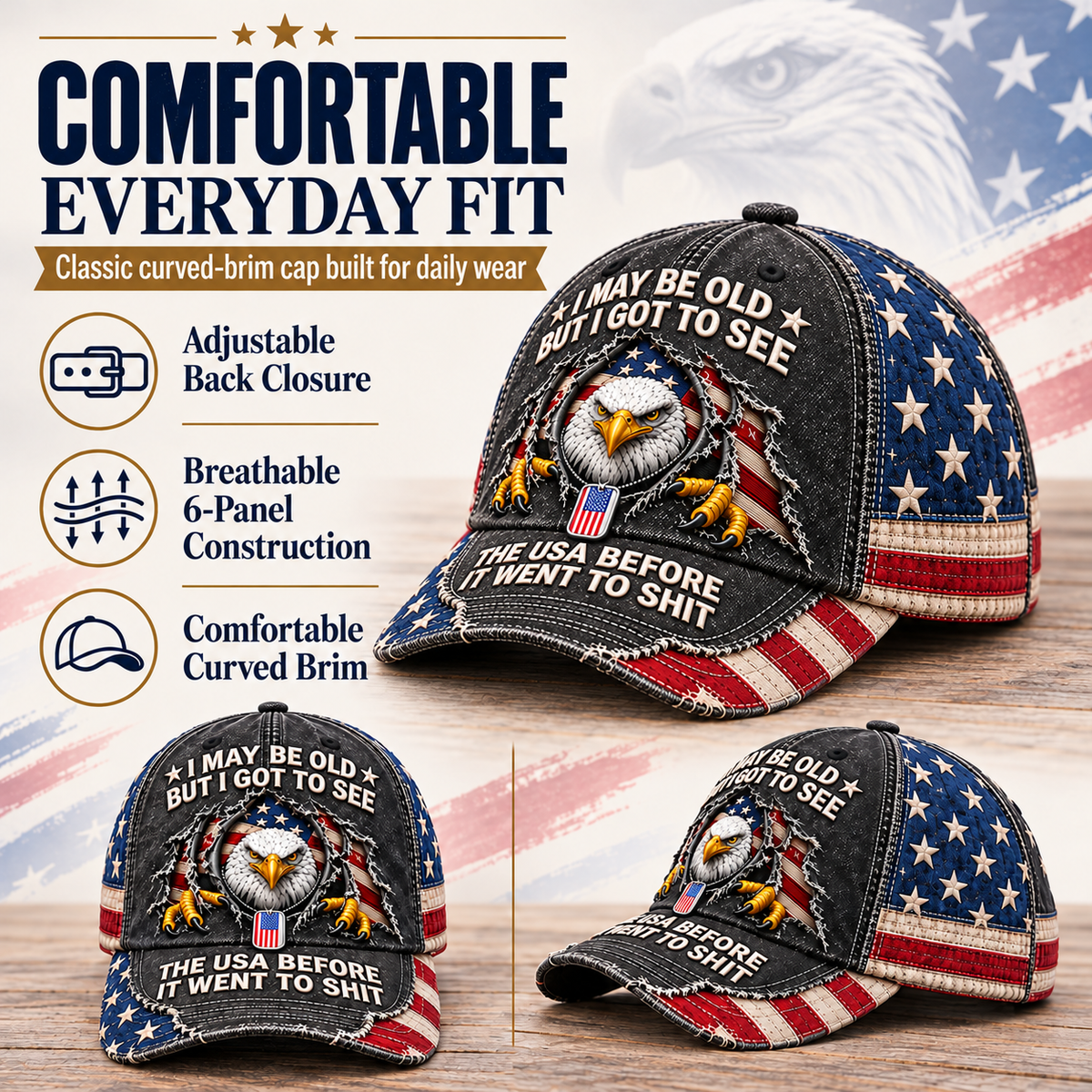 🦅 "I May Be Old But I Got To See The USA Before It Went To Shit" Vintage Eagle Embroidered Baseball Cap 🇺🇸