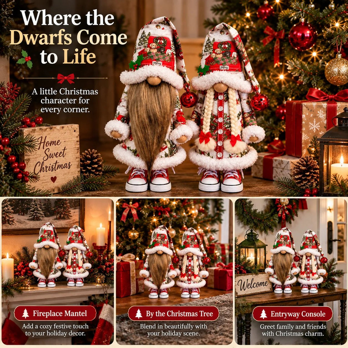 😍Festive Gnome Couple Figurines – Bearded & Braided Hair🎄