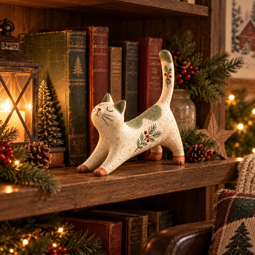 Woodland cat beside books in a warm home