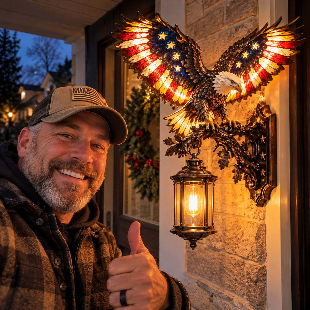 Man standing beside the glowing eagle wall light on a covered porch