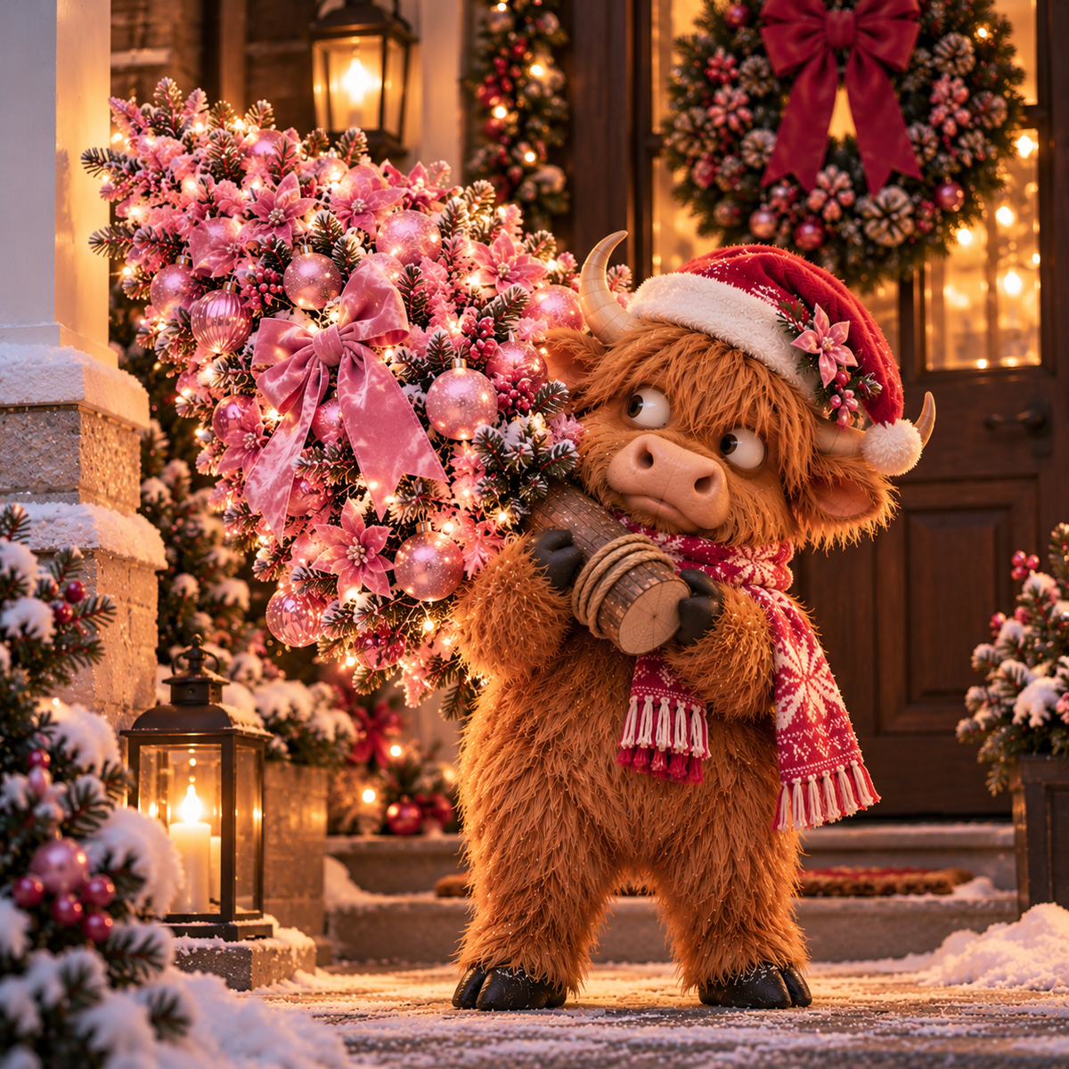 🎄🐮Pinkmas Tree Bandit™ – Light-Up Highland Cow Christmas Porch Décor
