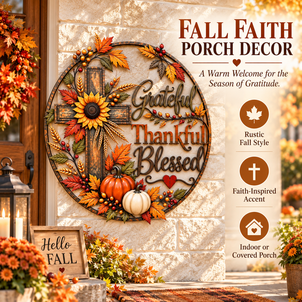 🍂 Grateful, Thankful & Blessed — Autumn Faith Cross Wall Decor