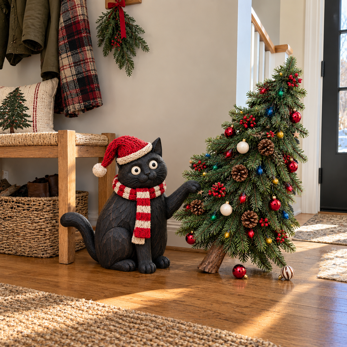 🎄🐈‍⬛ Dear Santa, It Wasn’t Me! – Mischievous Black Cat with Lighted Christmas Tree 🎅✨