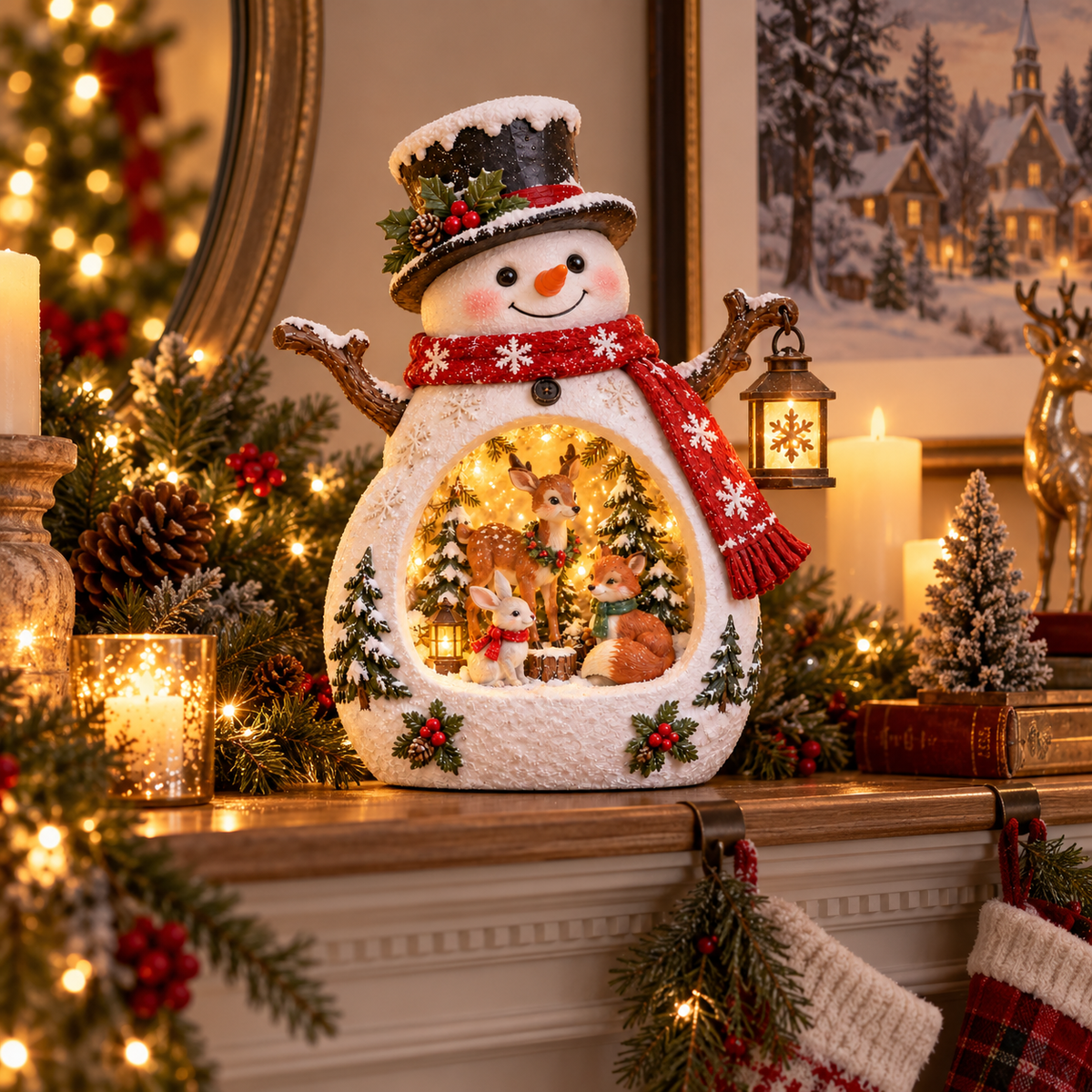 Snowman lighted holiday decor displayed on a Christmas mantel