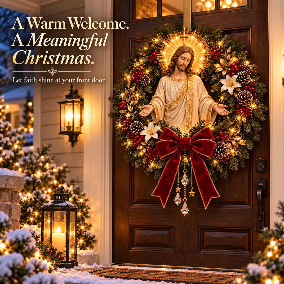 ✝️ Pre-Lit Jesus Christmas Wreath | Warm LED Lights, Golden Halo & Elegant Lilies 🎄