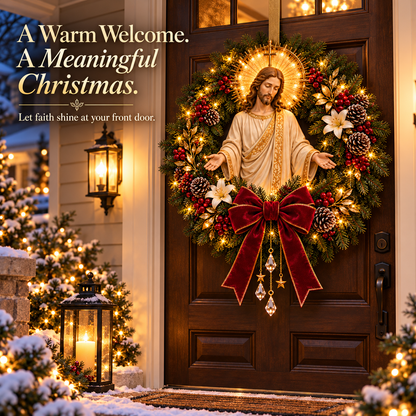 ✝️ Pre-Lit Jesus Christmas Wreath | Warm LED Lights, Golden Halo & Elegant Lilies 🎄