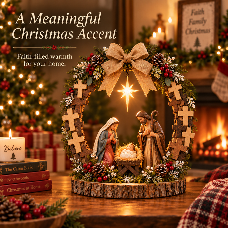 Complete nativity wreath in a warm Christmas setting