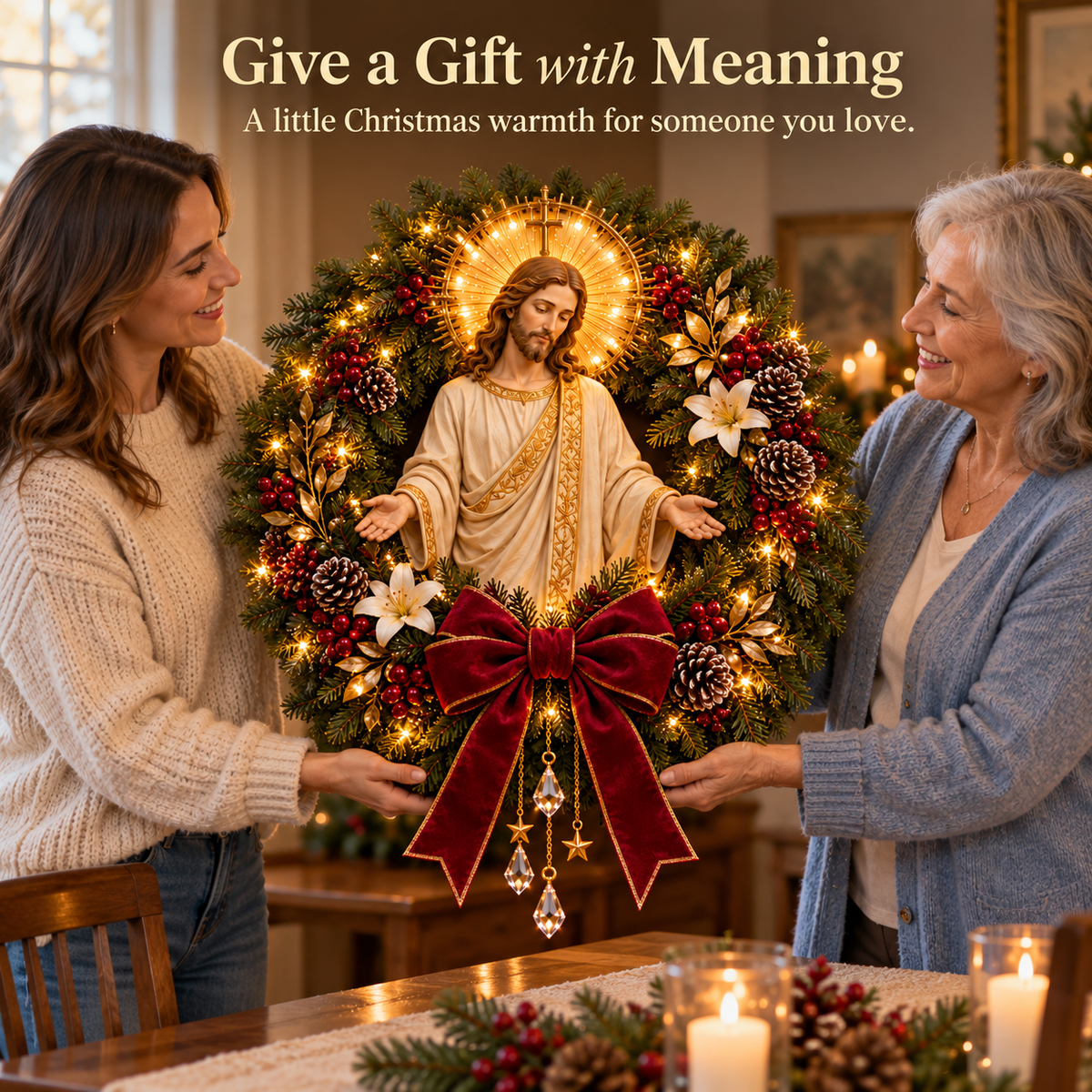✝️ Pre-Lit Jesus Christmas Wreath | Warm LED Lights, Golden Halo & Elegant Lilies 🎄