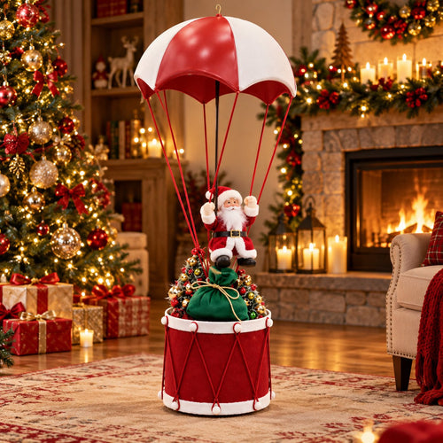 Santa C with a red and white parachute