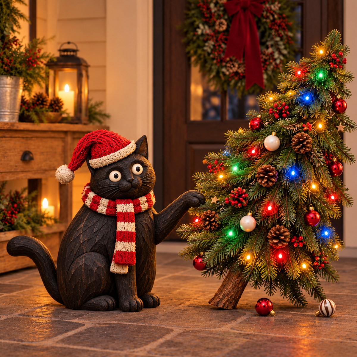 🎄🐈‍⬛ Dear Santa, It Wasn’t Me! – Mischievous Black Cat with Lighted Christmas Tree 🎅✨