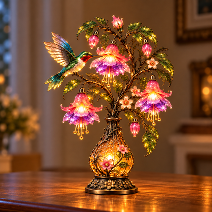 🌸 Hummingbird & Fuchsia Flower Lamp -✨ Lighted Floral Table Decor