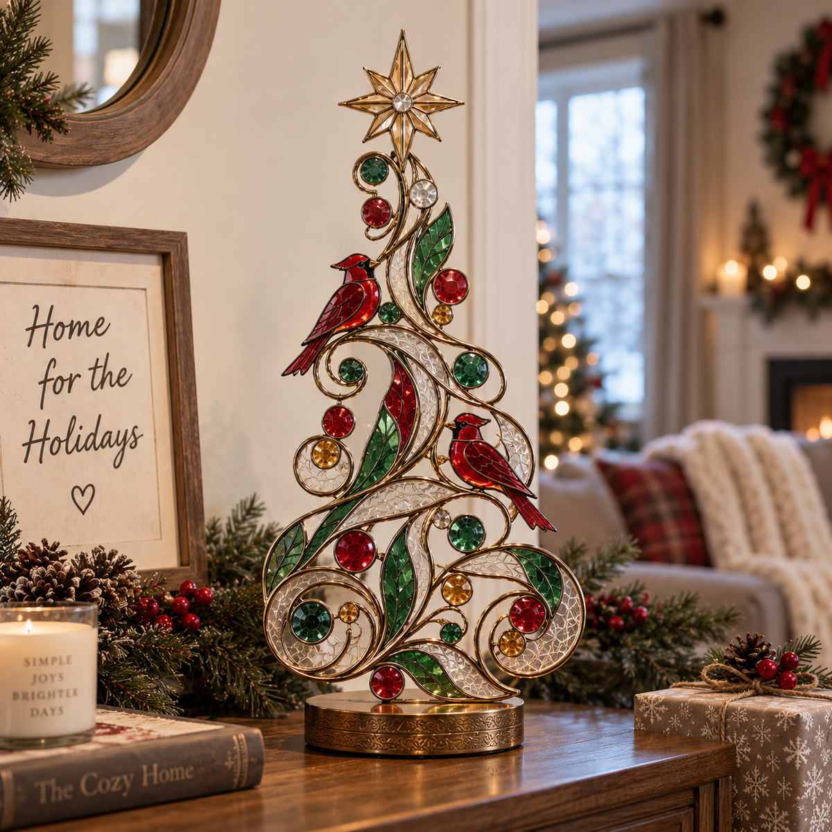 Lighted Stained Glass-Inspired Christmas Tree Tabletop Decor with Red Cardinal Birds