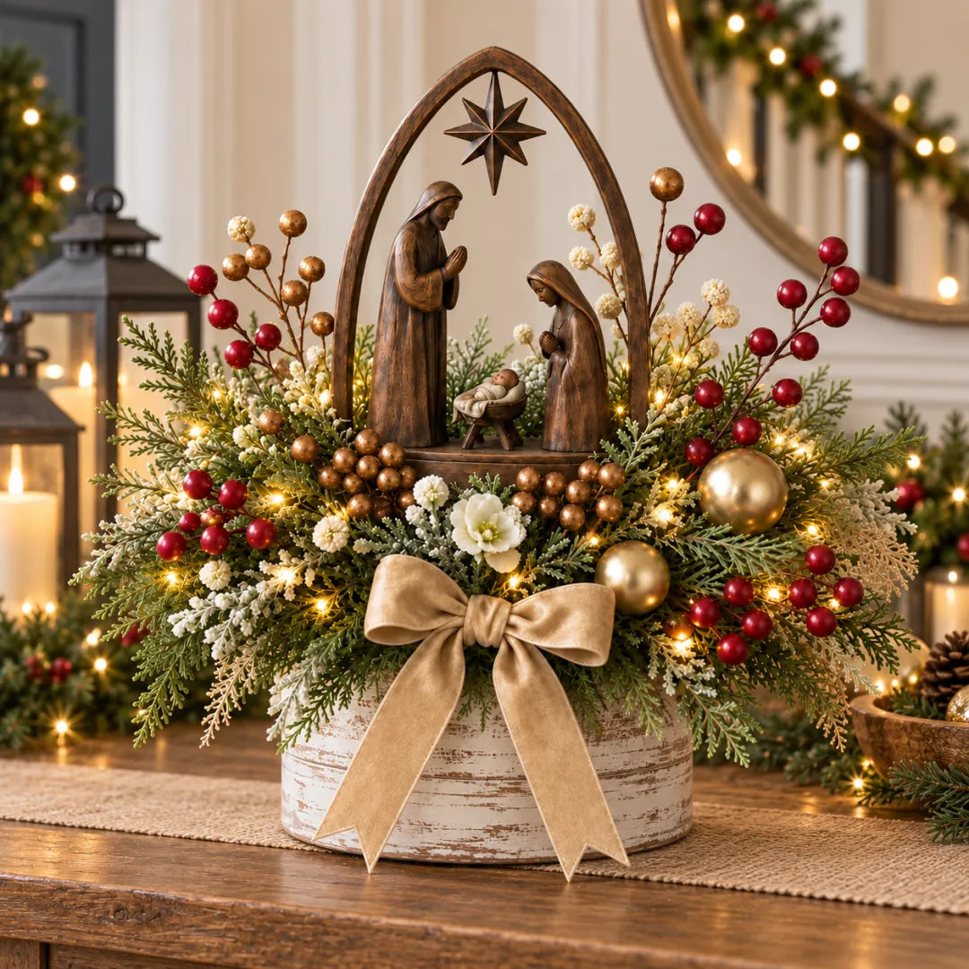 🌸Centro de mesa navideño con nacimiento e iluminación de velas