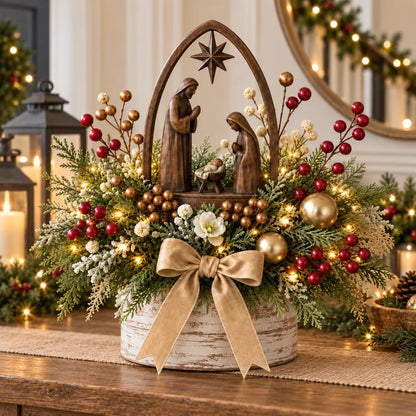 🌸Centro de mesa navideño con nacimiento e iluminación de velas