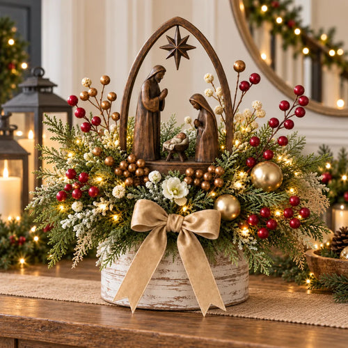 🌸Centro de mesa navideño con nacimiento e iluminación de velas