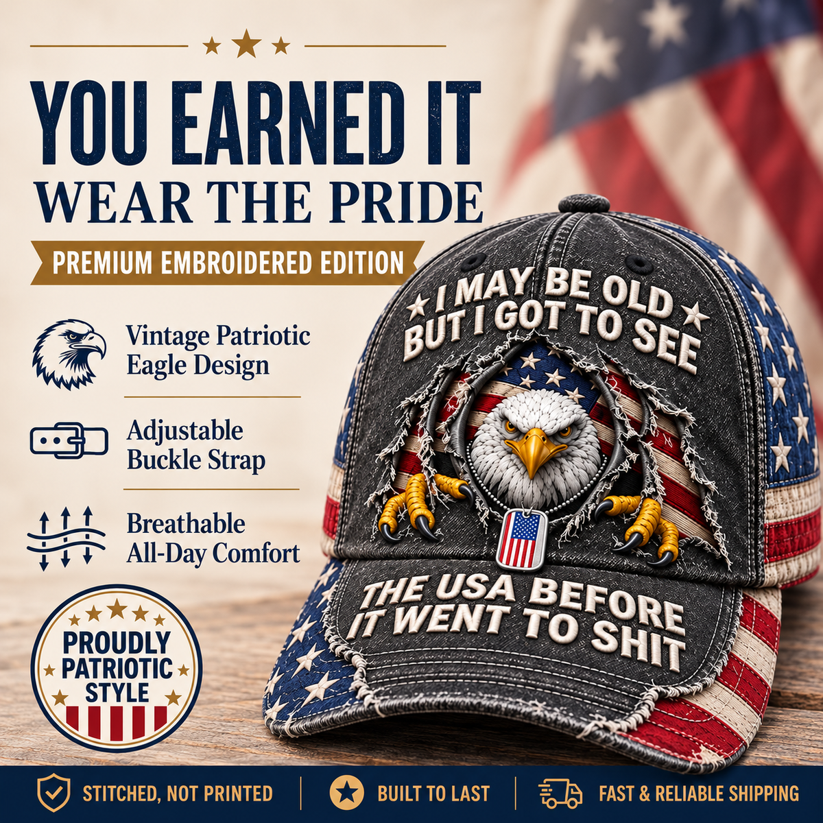 🦅 "I May Be Old But I Got To See The USA Before It Went To Shit" Vintage Eagle Embroidered Baseball Cap 🇺🇸