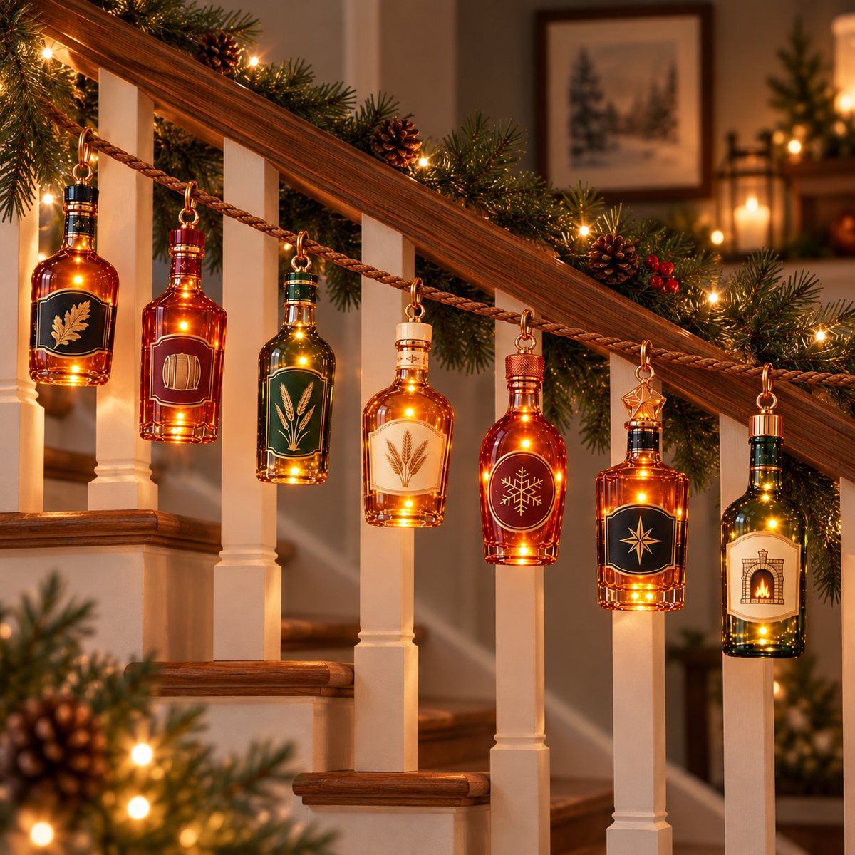 Seven lighted bottle ornaments decorating a Christmas staircase