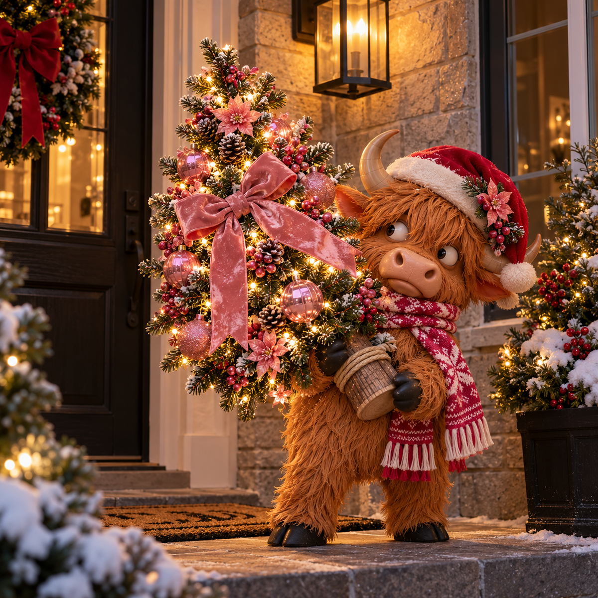 🎄🐮Pinkmas Tree Bandit™ – Light-Up Highland Cow Christmas Porch Décor