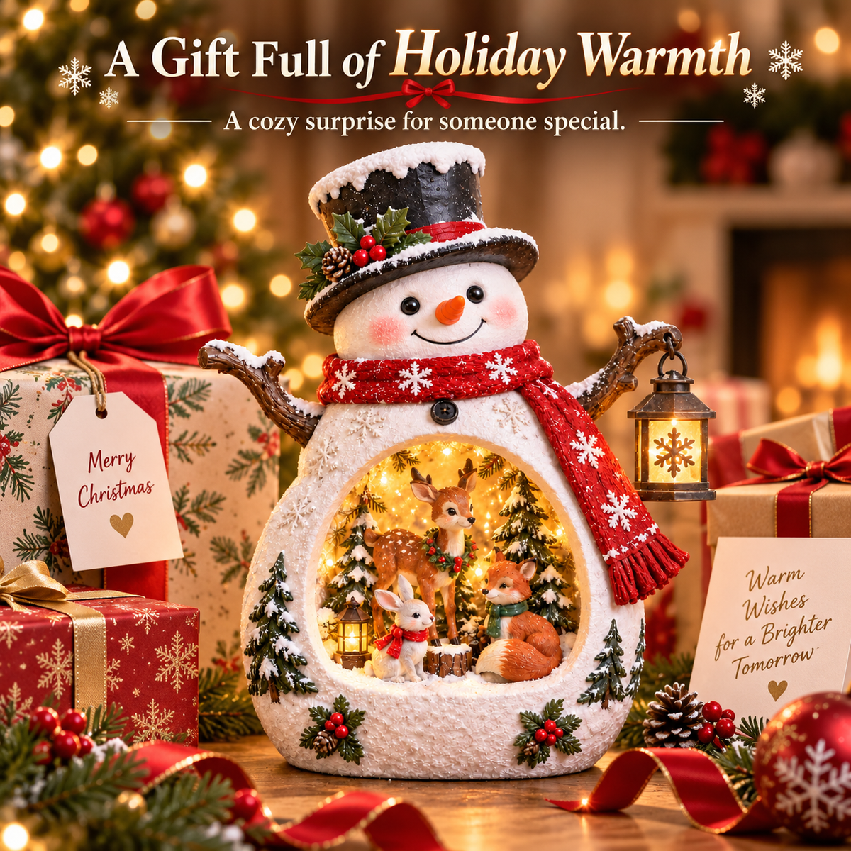Snowman Christmas decoration with festive wrapped gifts