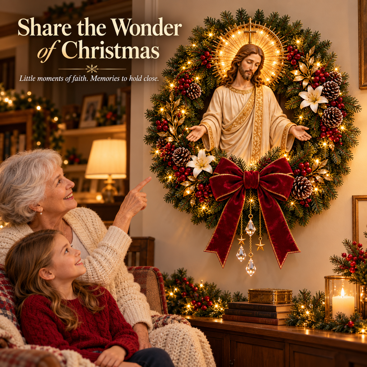 ✝️ Pre-Lit Jesus Christmas Wreath | Warm LED Lights, Golden Halo & Elegant Lilies 🎄