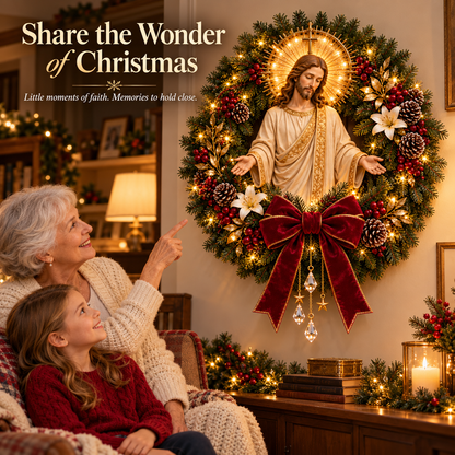 ✝️ Pre-Lit Jesus Christmas Wreath | Warm LED Lights, Golden Halo & Elegant Lilies 🎄
