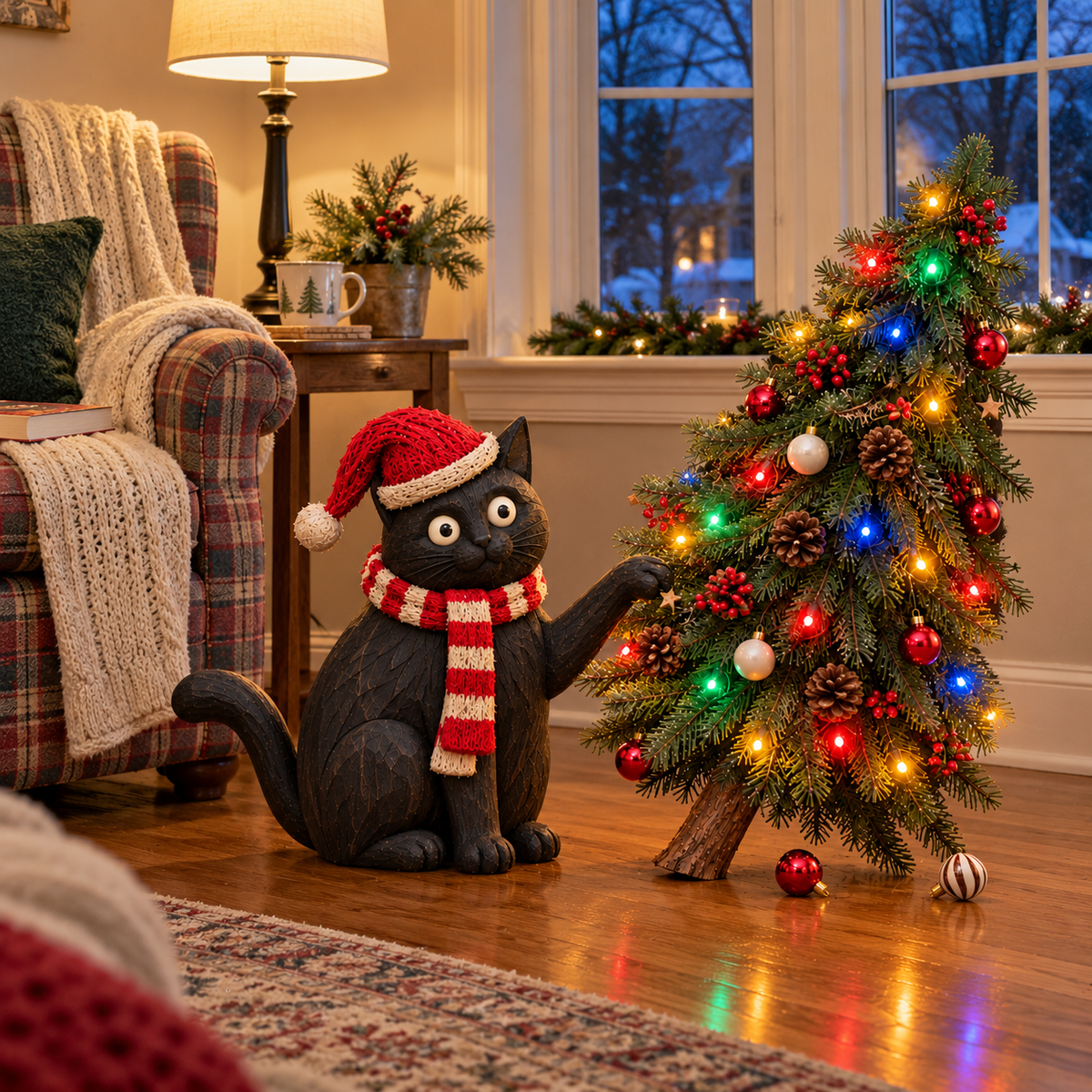 🎄🐈‍⬛ Dear Santa, It Wasn’t Me! – Mischievous Black Cat with Lighted Christmas Tree 🎅✨