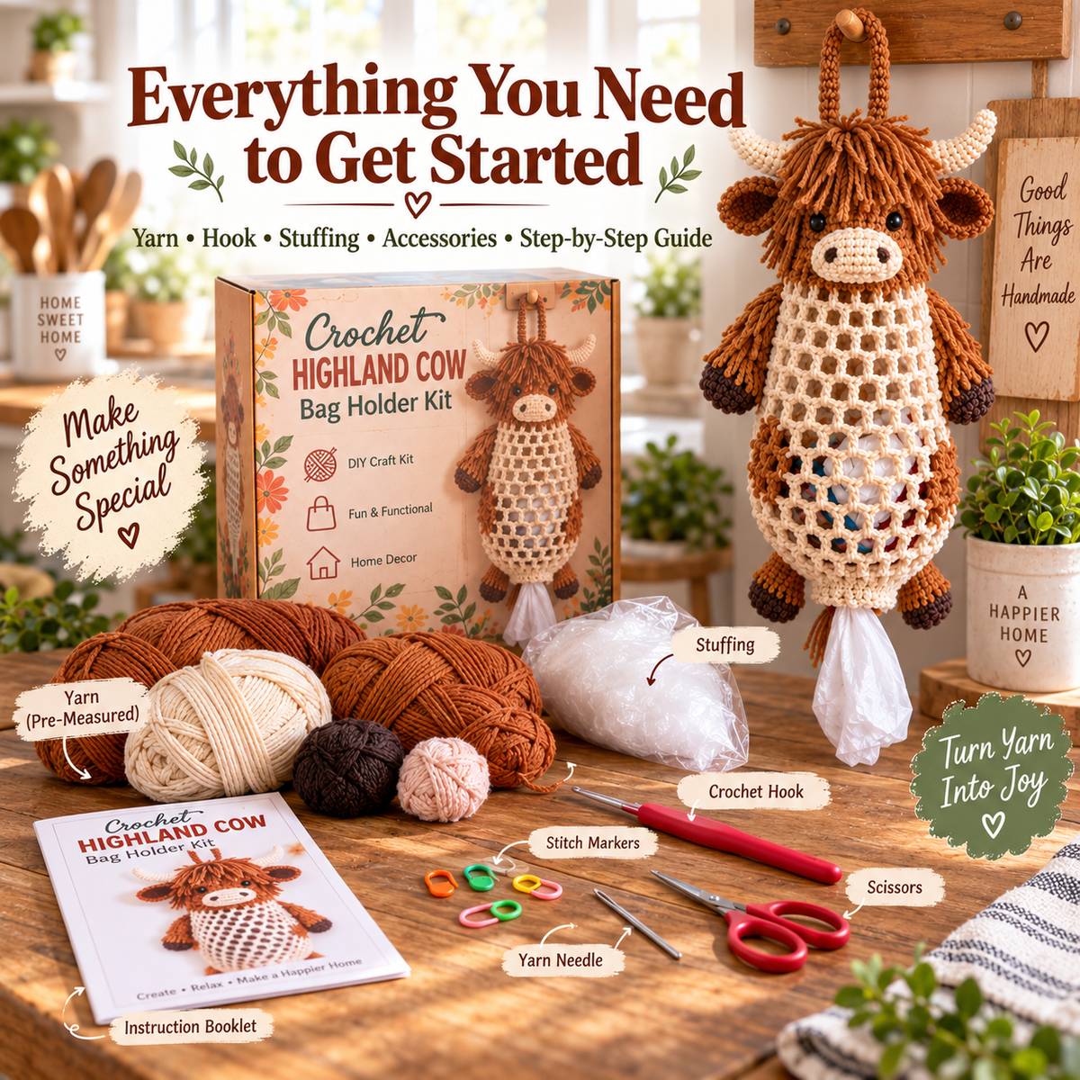 Contents of crochet animal bag holder DIY kit