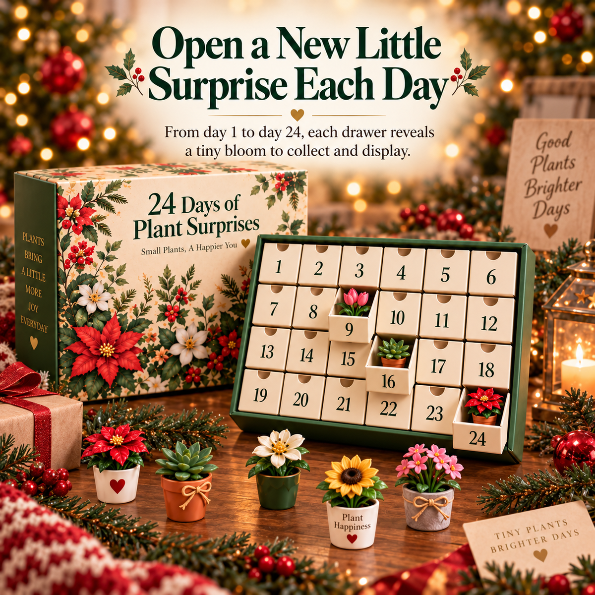 Advent drawers opened to reveal small flower and succulent figurines