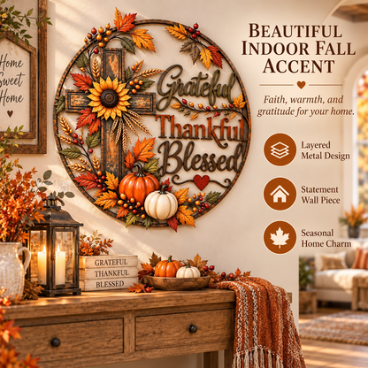 🍂 Grateful, Thankful & Blessed — Autumn Faith Cross Wall Decor