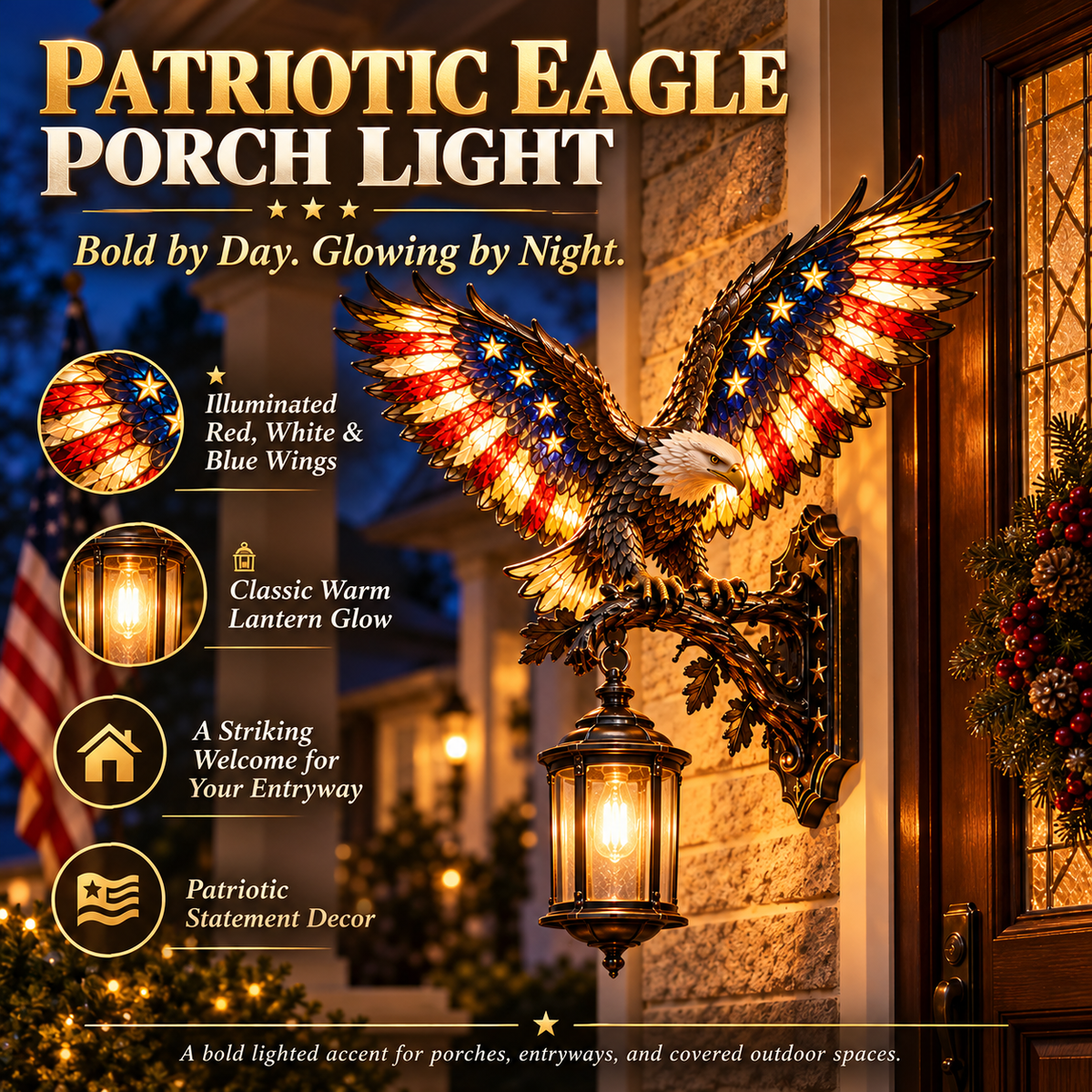 Product feature image showing illuminated patriotic wings and the warm hanging lantern