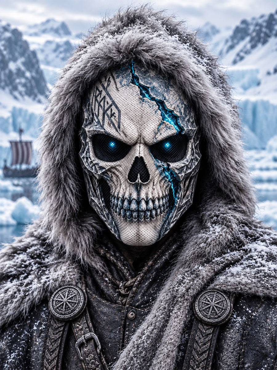 Closer view of the skull mask artwork