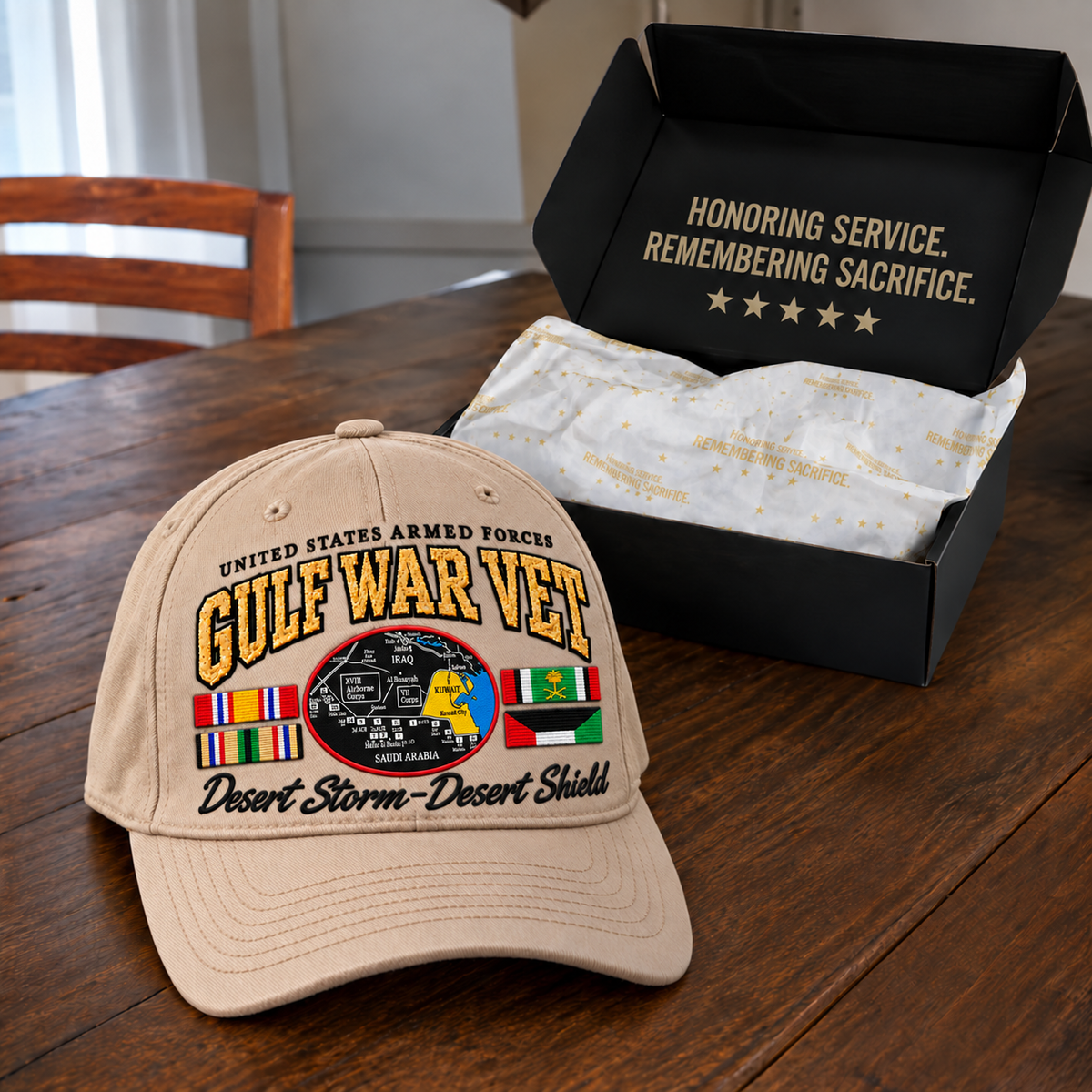 Khaki veteran cap beside a styled gift box