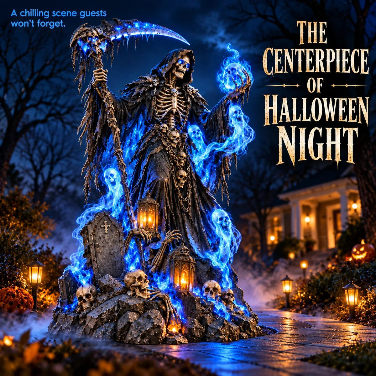 Giant Haunted Soul Reaper Lighted Halloween Yard Decoration – Glowing Grim Reaper with Ghostly Blue Spirits