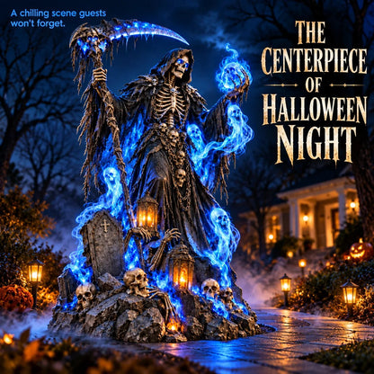 Giant Haunted Soul Reaper Lighted Halloween Yard Decoration – Glowing Grim Reaper with Ghostly Blue Spirits