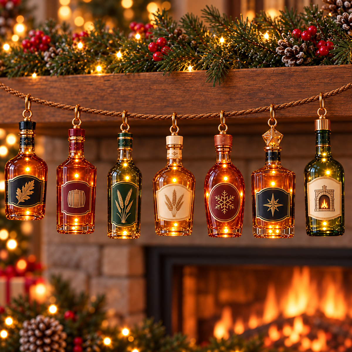 🎄Seven Casks of Christmas –✨ Lighted Whiskey-Inspired Bottle Ornament Garland