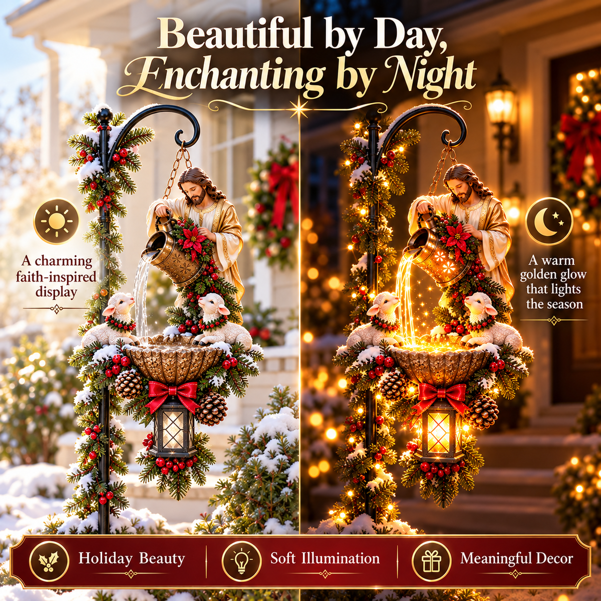 Daytime and nighttime views of the Jesus and lambs Christmas hanging light