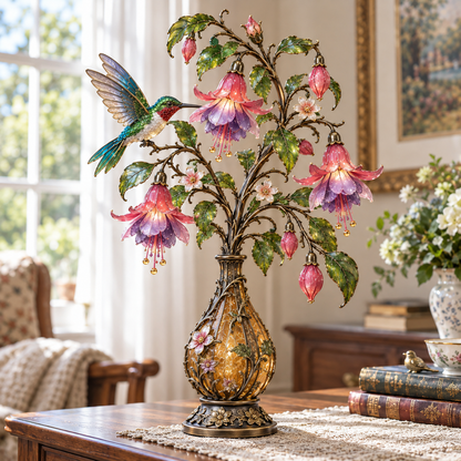 🌸 Hummingbird & Fuchsia Flower Lamp -✨ Lighted Floral Table Decor