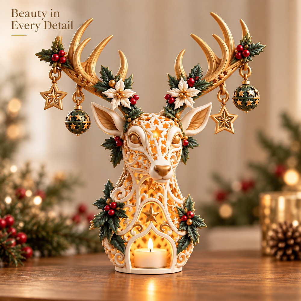 Ivory openwork, golden antlers, poinsettias and holly details