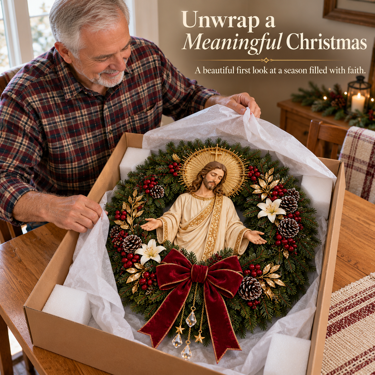 ✝️ Pre-Lit Jesus Christmas Wreath | Warm LED Lights, Golden Halo & Elegant Lilies 🎄