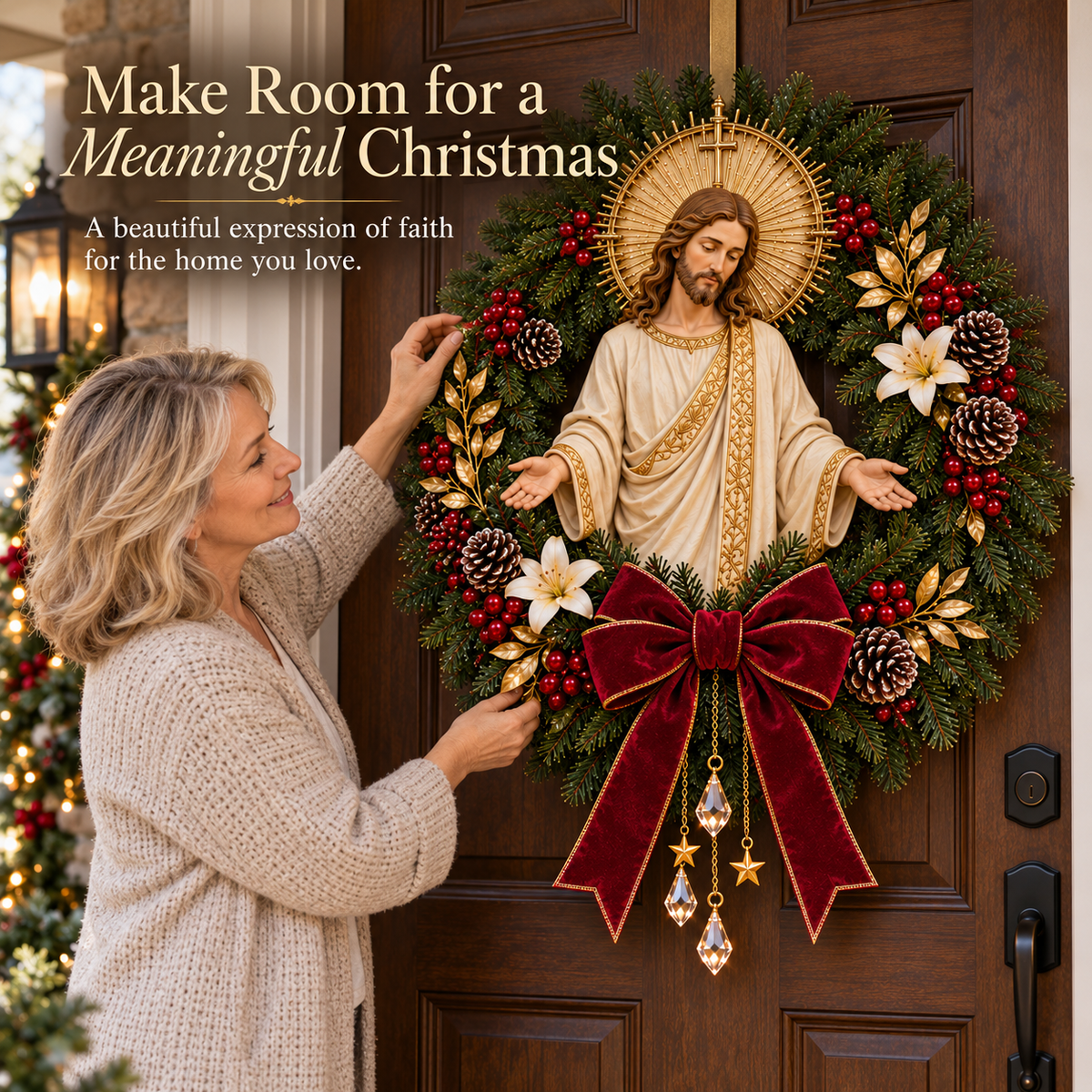 ✝️ Pre-Lit Jesus Christmas Wreath | Warm LED Lights, Golden Halo & Elegant Lilies 🎄