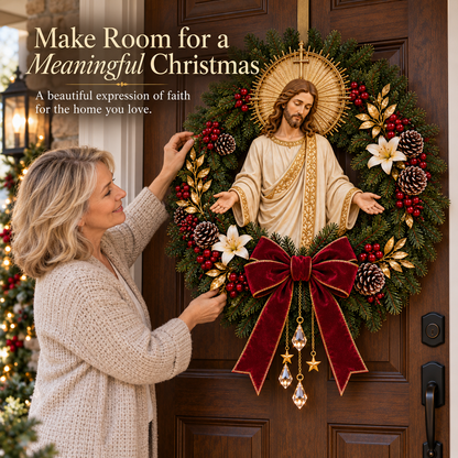 ✝️ Pre-Lit Jesus Christmas Wreath | Warm LED Lights, Golden Halo & Elegant Lilies 🎄