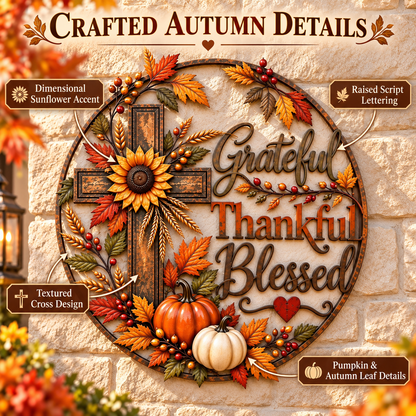 🍂 Grateful, Thankful & Blessed — Autumn Faith Cross Wall Decor
