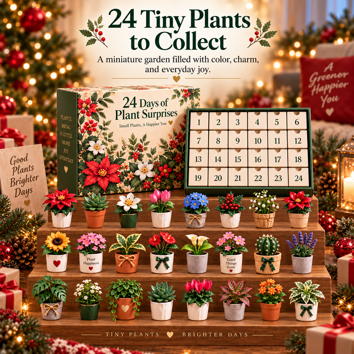 Collection of 24 tiny plant figurines displayed on wooden shelves