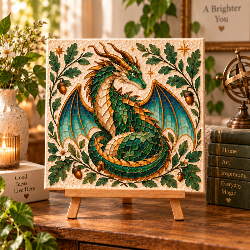 Finished Emerald Forest Dragon mosaic on a wooden display easel