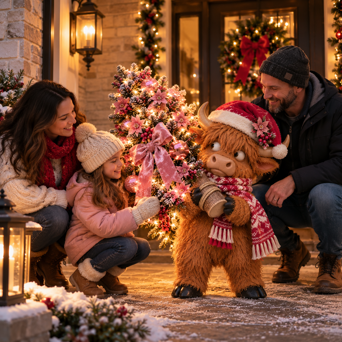 🎄🐮Pinkmas Tree Bandit™ – Light-Up Highland Cow Christmas Porch Décor