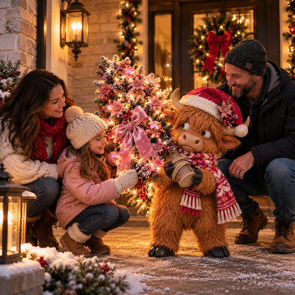🎄🐮Pinkmas Tree Bandit™ – Light-Up Highland Cow Christmas Porch Décor