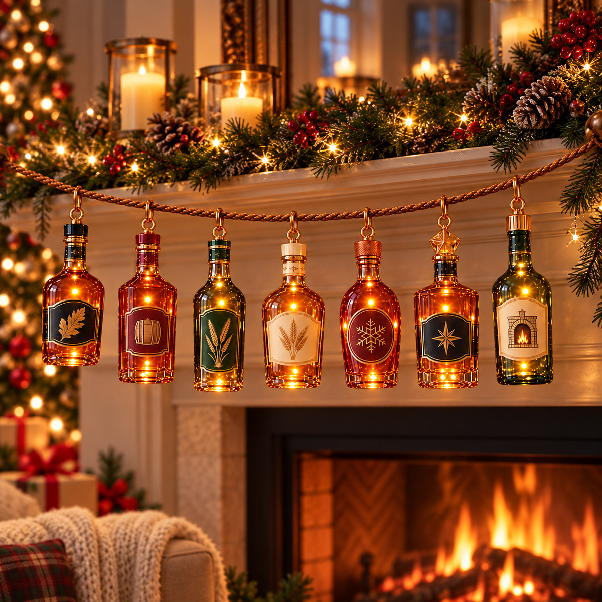 🎄Seven Casks of Christmas –✨ Lighted Whiskey-Inspired Bottle Ornament Garland