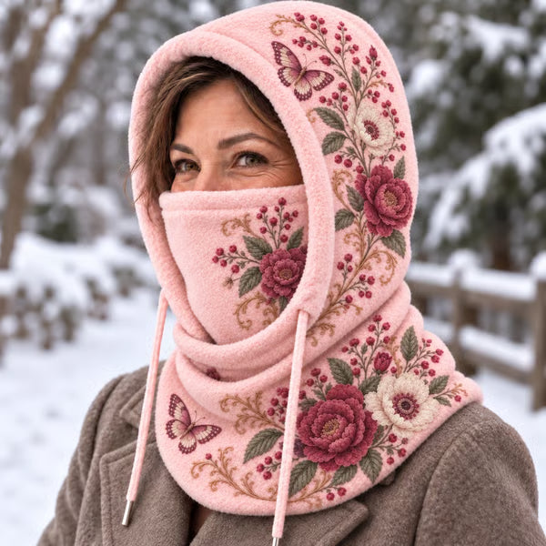 🌸 Women’s Floral 3-in-1 Winter Hood – Fleece-Lined Embroidered Hat, Face Cover & Neck Warmer