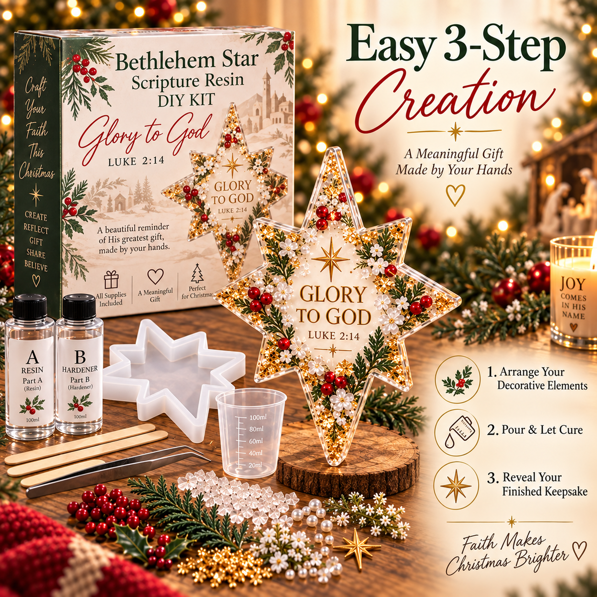 Three steps for creating the Glory to God resin star keepsake